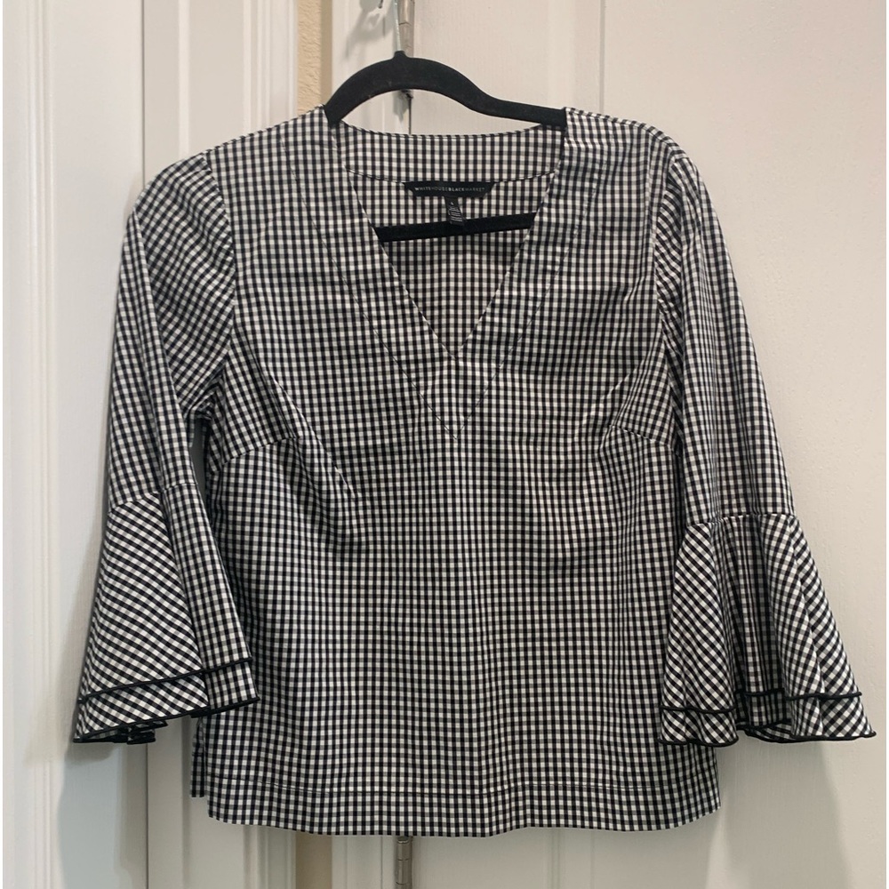 White House Black Market gingham check blouse.